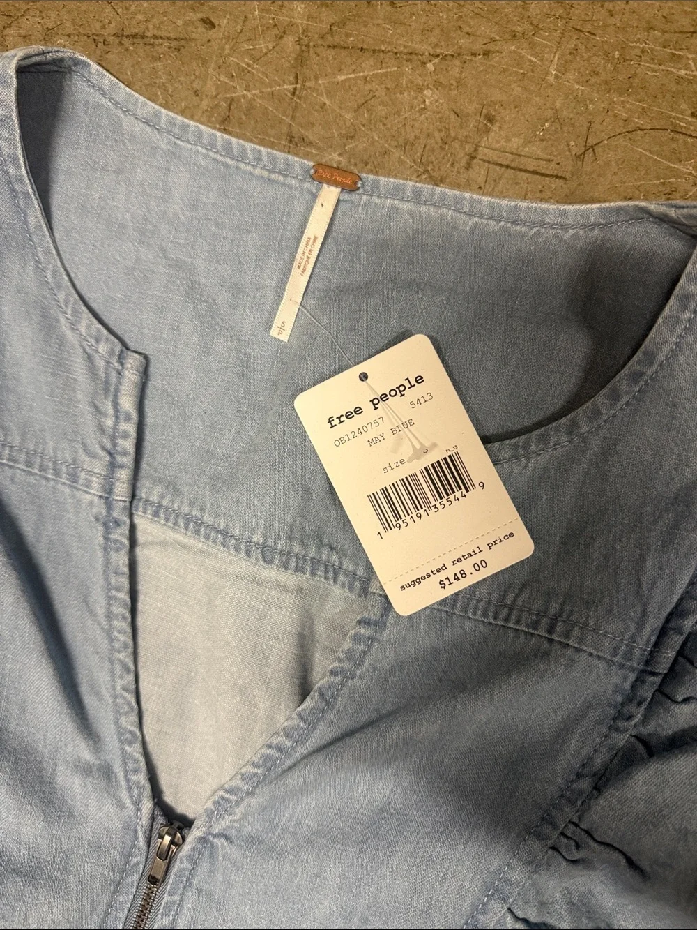 Free People Light Blue Denim Ruffle Mini Dress with Tie Waist